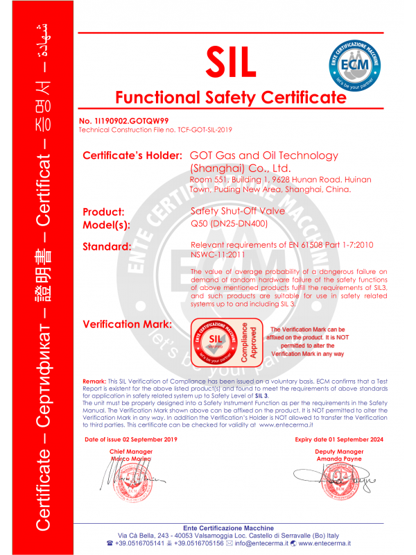 Emergency safety shut-off valve SIL3 certificate